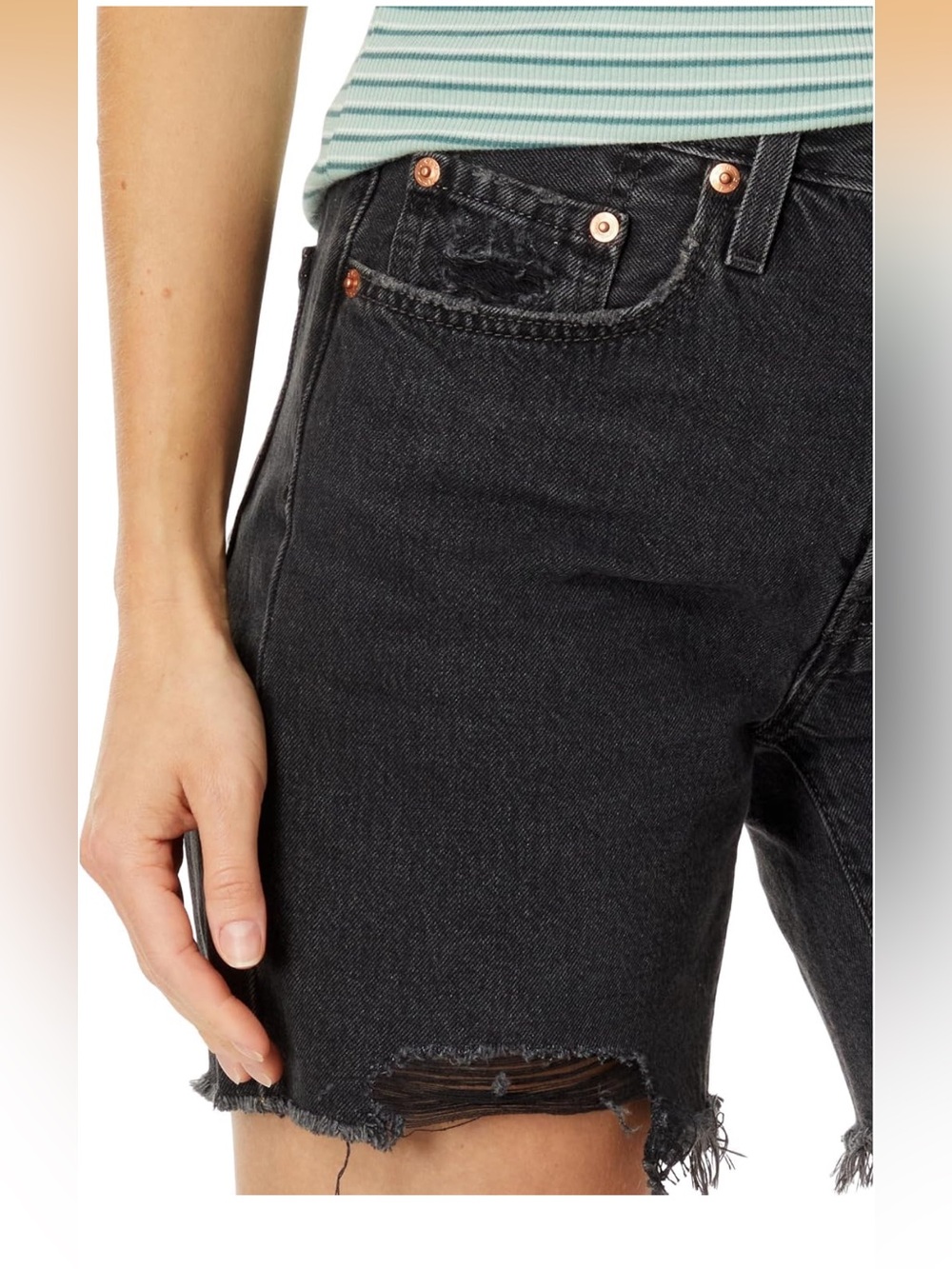 Levi's 501 Mid Thigh Black Distressed Jean Shorts with Frayed Hem - Picture 3 of 6